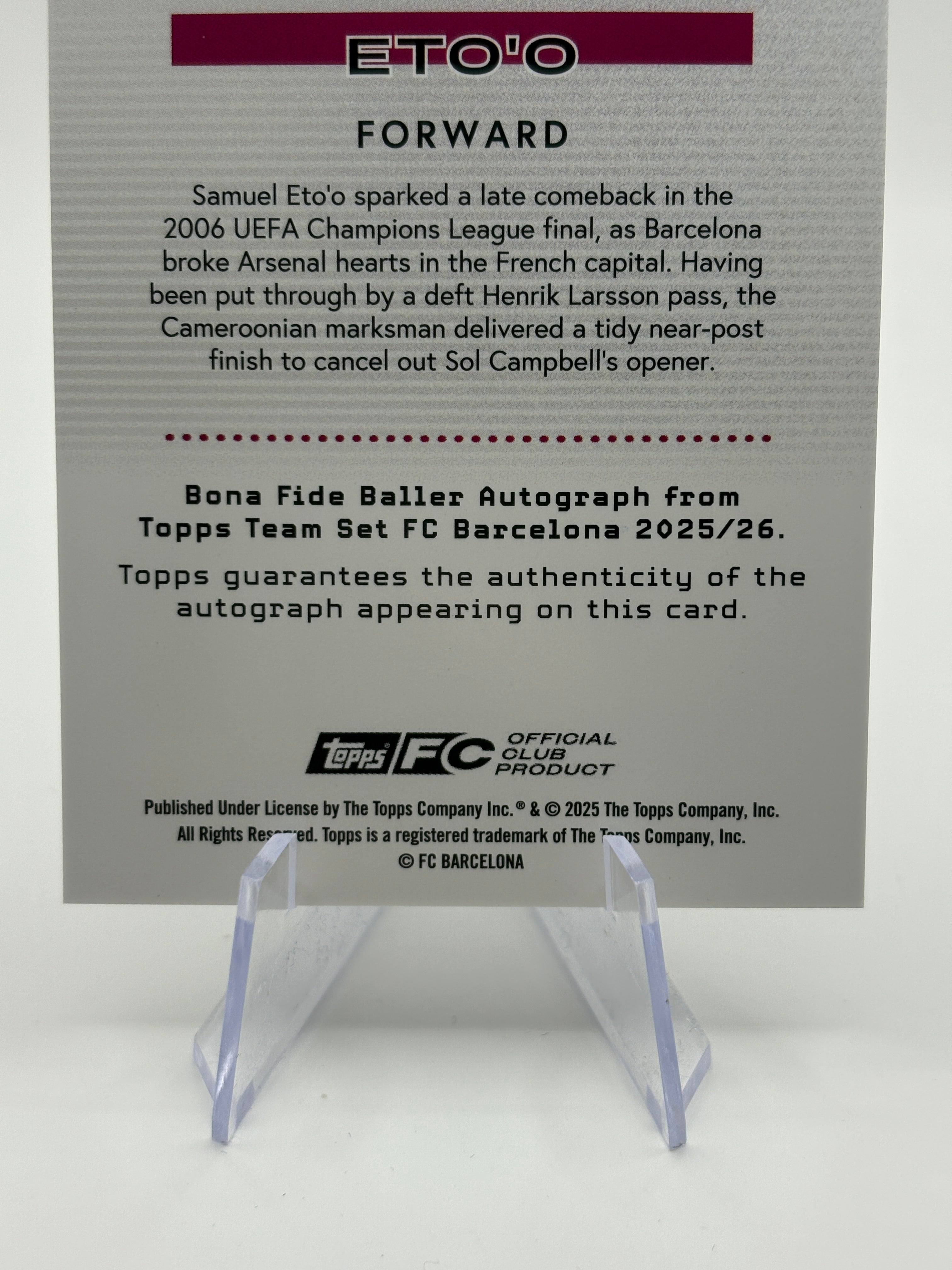 Samuel Eto’o Auto /99 Topps FC Barcelona 2025-26 Bona Fide Baller Autograph FRENLY BRICKS - Open 7 Days